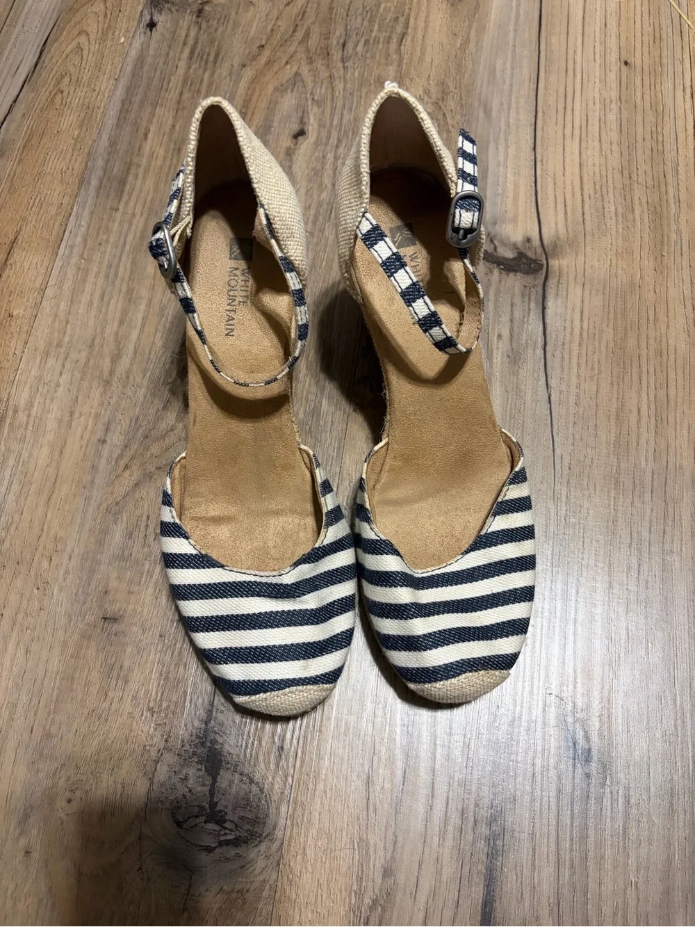 White Mountain Navy & White Striped Ankle-Strap Espadrille Wedges